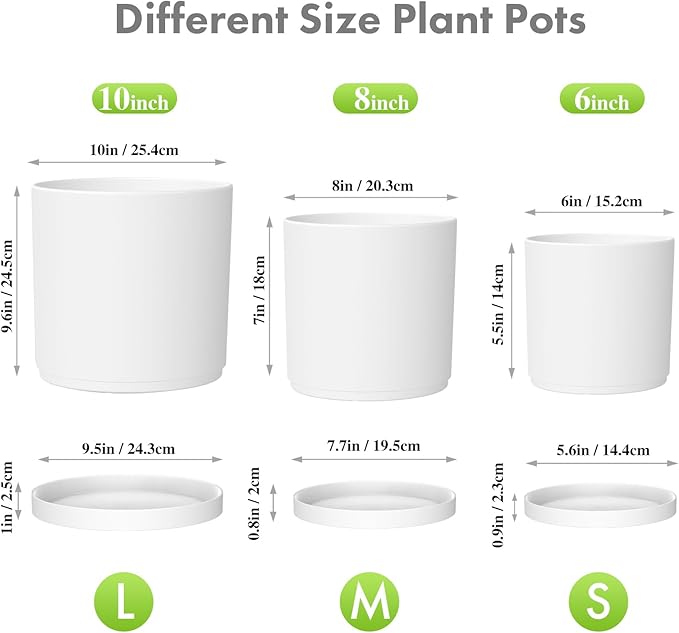 10/8/6 inch Deep Flower Pots, 3 Pack Cylinder Tall Plant Pots for Outdoor Indoor Plants, Large Decorative Plastic Planters with Drainage Holes and Saucers for Garden House Plants, White-BloomoryGarden