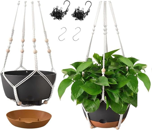 10 Inch Hanging Planters for Indoor & Outdoor Use (2 Pack) - Self-Watering & Drainage Flower Pots with Chain & Macrame Hangers (Deep Gray, 10 in)-BloomoryGarden