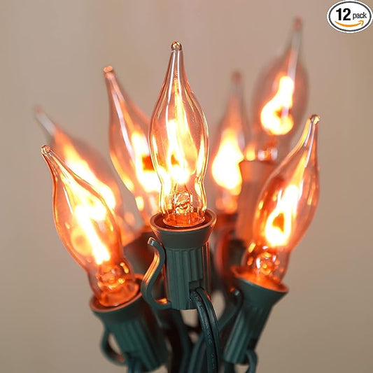 12.8Ft C7 Christmas Lights Flickering Flame String Lights with 12 Pack Clear Flame E12 Light Bulbs(2 Spare), Great for Christmas Decorations Indoor Outdoor Home Patio Party Lights, Green Wire-BloomoryGarden
