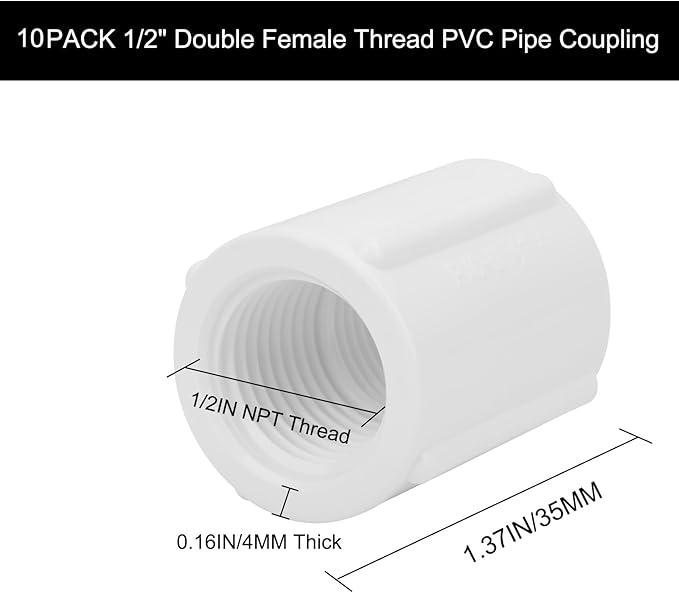 10Pack 1/2" Double Female Thread PVC Pipe Coupling Adapter Pipe Fitting Connector SCH40 1/2Inch Female to Female Threaded PVC Coupling Pipe Fitting for Sprinkler,Irrigation,Swimming Pools-BloomoryGarden