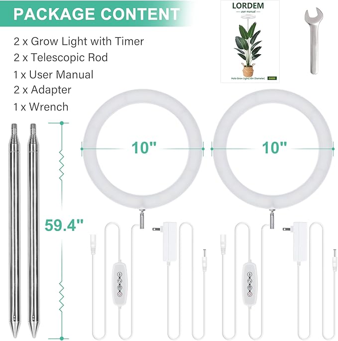 LORDEM 10" Grow Light for Indoor Plants, Full Spectrum Plant Lamp with160 LEDs, 4H/8H/12H Timer, 10 Dimmable Levels, 3 Spectrum Modes, Height Adjustable 61", Ideal for Large Tall Plants, Pack of 2-BloomoryGarden