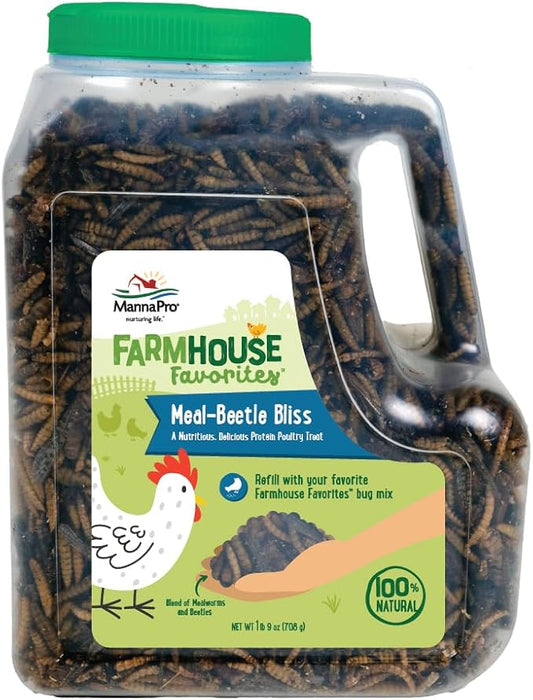Manna Pro Farmhouse Favorites Beetle Bliss Poultry Treat – Blend of Mealworms and Beetles – All Natural Treat for Chickens, Ducks, Geese, Turkeys, & Guinea Fowl – 45% Protein – 25oz-BloomoryGarden