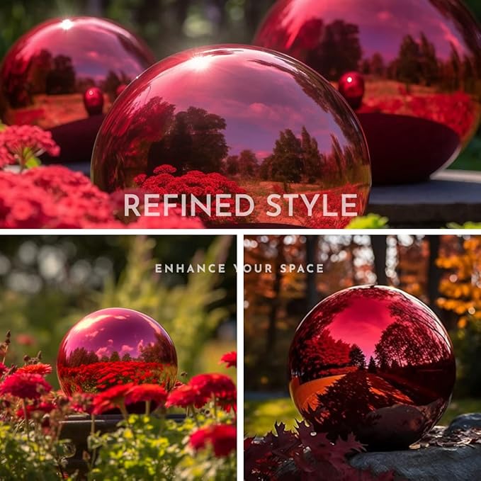 10 Inch Stainless Steel Gazing Globe,v2croft Hollow Ball Mirrored Surface Polished Shiny Sphere,Garden Stainless Steel Gazing Ball for Outdoor Lawn Pond Yard Ornament(red)-BloomoryGarden