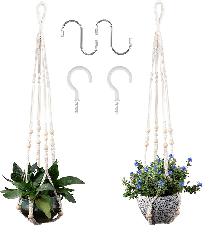 Macrame Plant Hanger for 5 to 10 Inch Plant Pots, Set of 2 Indoor Handmade 35 Inch Woven Rope Hanger Kits with Hooks and Wood Beads, Hanging Planter Basket Holder for Boho Home Decor (White, 2 Pack)-BloomoryGarden