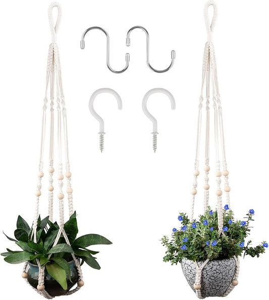 Macrame Plant Hanger for 5 to 10 Inch Plant Pots, Set of 2 Indoor Handmade 35 Inch Woven Rope Hanger Kits with Hooks and Wood Beads, Hanging Planter Basket Holder for Boho Home Decor (White, 2 Pack)-BloomoryGarden