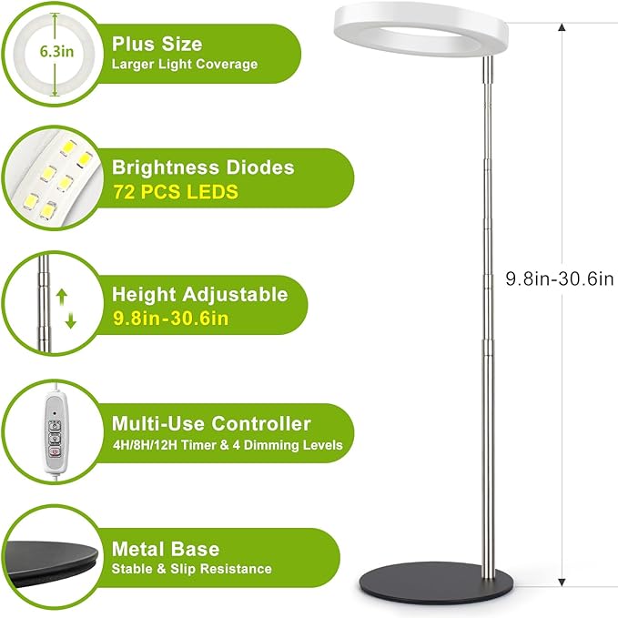 LORDEM Grow Light, LED Plant Light for Indoor Plants Growing, Full Spectrum Desk Growth Lamp with Automatic Timer for 4H/8H/12H, 4 Dimmable Levels, Height Adjustable 9.8"-30.6"-BloomoryGarden