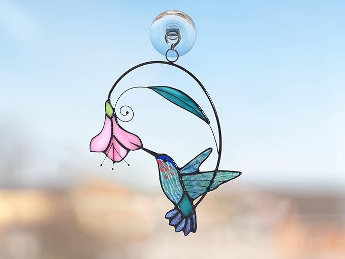Lolitarcrafts Stained Glass Hummingbird Window Hangings with Flowers, Bird Stained Glass Suncatcher for Window Decor Hummingbird Gifts for Mom,Bird Lovers (Blue with Flower A)-BloomoryGarden