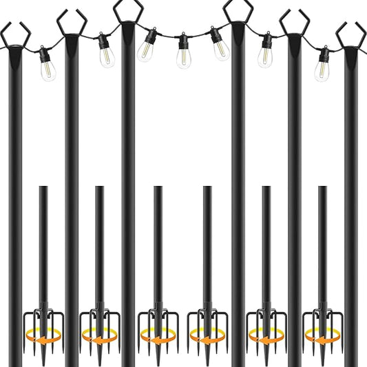 10Ft String Light Poles 6 Pack,Light Poles for Outside Lights,Outdoor with Fence Brackets Hanging Lights,Metal Stand Deck Patio Backyard-BloomoryGarden