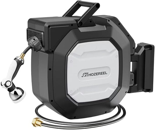 135 ft x 1/2" HOZEREEL Heavy Duty Retractable Garden Hose Reel, Garden Hose Reels Outdoor Organizer- Self Retracting Wall Mount Hose Reel Automatic Recoil Storage, Any Length Lock, 10 Pattern Nozzle-BloomoryGarden