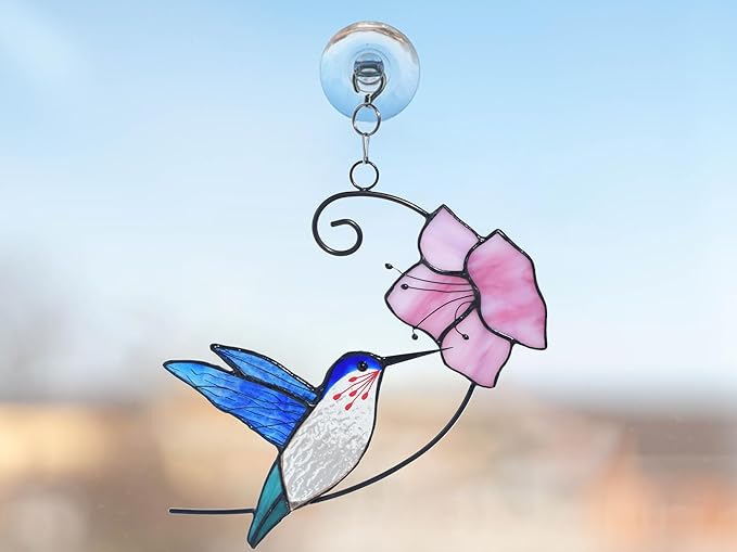 Lolitarcrafts Hummingbird with Flower Stained Glass Suncatcher Bird Stained Glass Window Hangings Hummingbird Gift for Home Decor (Blue with Flower)-BloomoryGarden