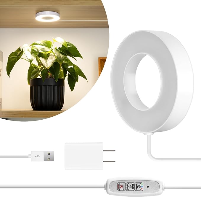 LORDEM Grow Light for Indoor Plants, 48 LEDs Ceiling Full Spectrum Plant Light, 5V Corded Growing Lamp with 4/8/12H Auto Switch, 4 Dimmable Brightness Levels, Ideal for Small Plants-BloomoryGarden