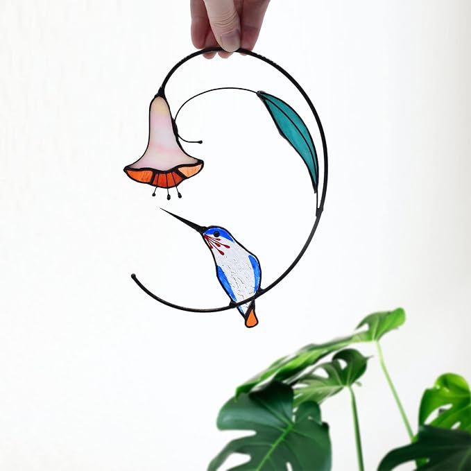 Lolitarcrafts Hummingbird with Flower Stained Glass Suncatcher Bird Stained Glass Window Hangings Hummingbird Gift for Home Decor (Blue)-BloomoryGarden