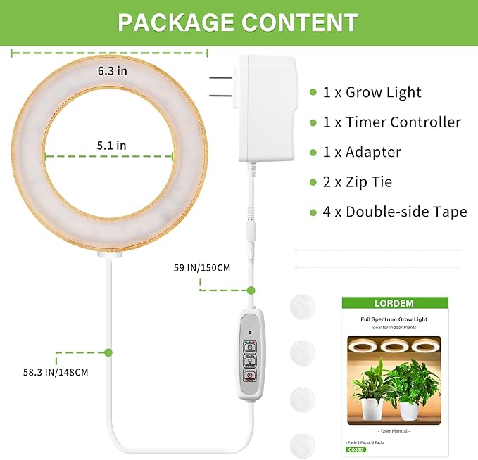 LORDEM 6.3” Bamboo Ceiling Grow Light for Indoor Plants, 72 LEDs Full Spectrum Plant Light, Corded, Halo Under Cabinet Growing Lamp with 4/8/12H Auto Timer, 4 Brightness Levels, Ideal for Pot Plants-BloomoryGarden