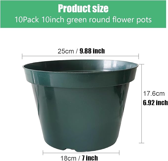10 Pack Plastic Planter Pots, 10 Inch Thick Plant Pots with Multiple Drainage Holes, Pots for Plants Such as Herbs Strawberry and Flowers, Green Growing Planters for Outdoor Plants or Indoor (Green)-BloomoryGarden