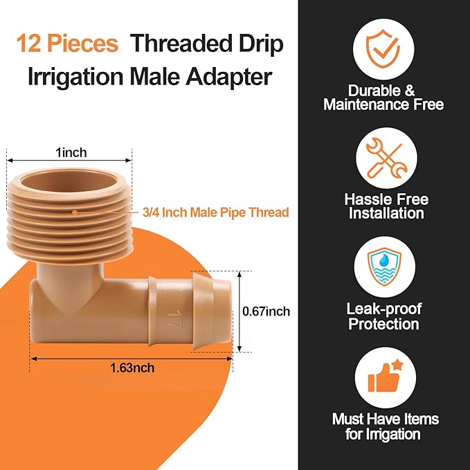 12 Pieces 3/4 Inch PVC to 1/2 Inch Drip Irrigation Adapter Fittings, 3/4" Male Pipe Thread(MPT) x 1/2" Drip Line Barbed Elbow Connectors 3/4-in PVC to 1/2-in Poly Tubing Adapter-BloomoryGarden