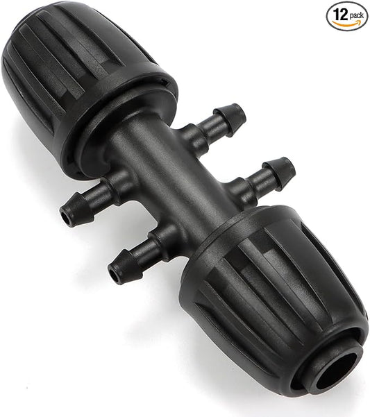 12 Pcs 1/2 inch to 1/4 inch Drip Irrigation Tubing Fittings, 1/2" Drip Tubing (1/2" ID x 0.65" OD) to 4 Way 1/4" Irrigation Tubing Locked Barbed Reducing Tee Connectors for Garden Systems-BloomoryGarden