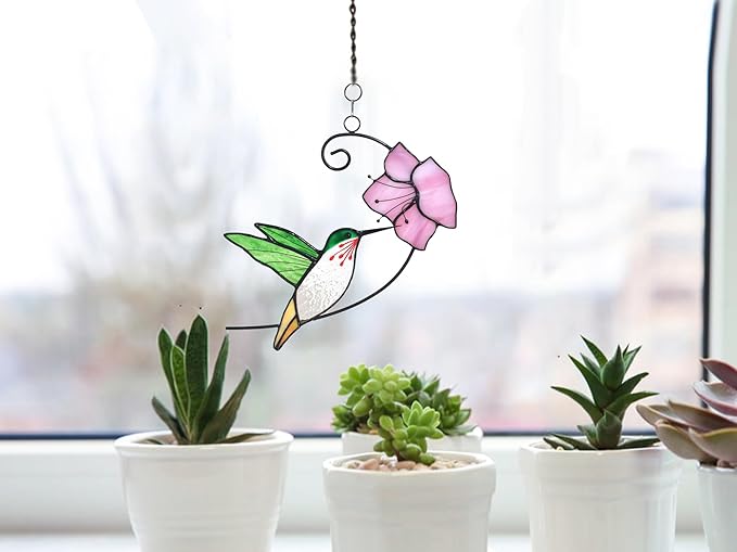 Lolitarcrafts Hummingbird with Flower Stained Glass Suncatcher Bird Stained Glass Window Hangings Hummingbird Gift for Home Decor (Green with Flower)-BloomoryGarden