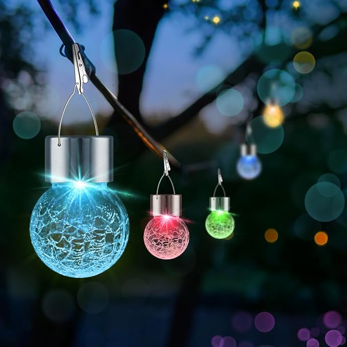 12 Pack Hanging Solar Lights Outdoor Decorative, Waterproof Solar Globe Lantern with Handle and Clip, Solar Powered Cracked Glass Ball Lights for Garden Yard Patio, Fence Tree Umbrella, Holiday Decor-BloomoryGarden