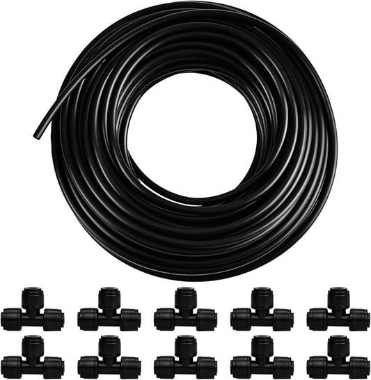 100FT PE Drip Irrigation Tubing, 1/4 inch Blank Distribution Tubing with 10PCS 1/4" Drip Irrigation Tee Connectors for Quick Connector Irrigation System-BloomoryGarden