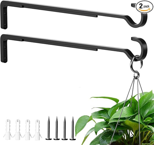 15 Inch 2 Black Pack Heavy Duty Outdoor Plant Hangers for Hanging Baskets, Iron Hanging Plant Brackets for Hanging Plants Outside, Metal Plant Hooks Plant Wall Hooks for Hanging Lantern, Bird Feeder-BloomoryGarden