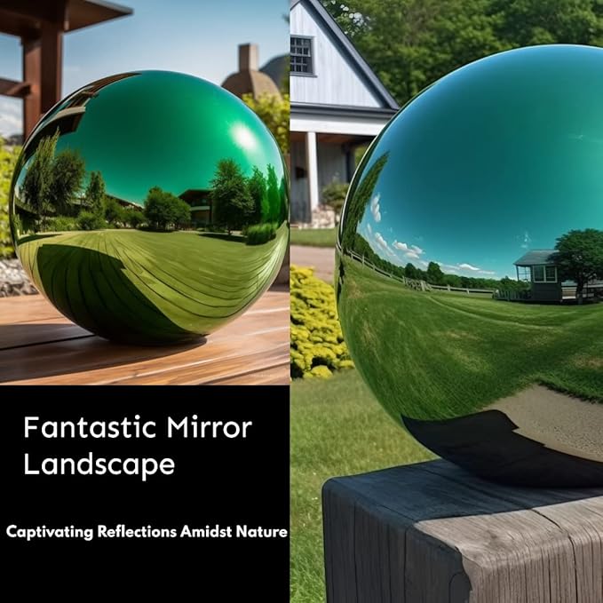 10 Inch Stainless Steel Gazing Globe,v2croft Hollow Ball Mirrored Surface Polished Shiny Sphere,Garden Stainless Steel Gazing Ball for Outdoor Lawn Pond Yard Ornament(Green)-BloomoryGarden