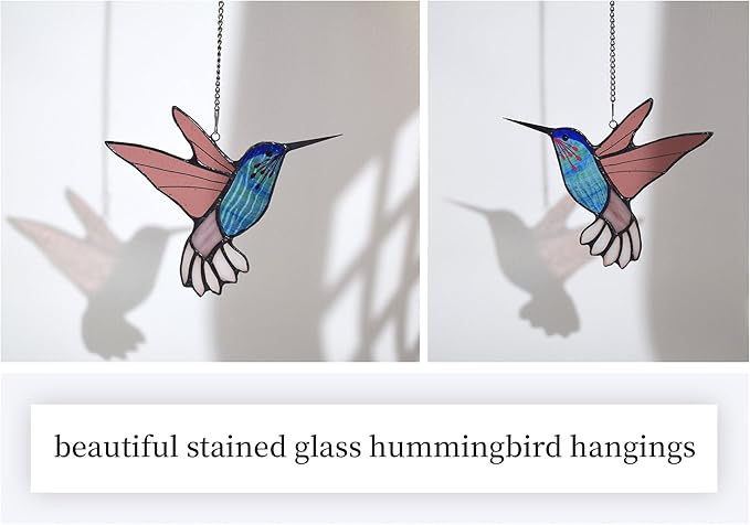Lolitarcrafts Stained Glass Hummingbird Window Hangings with Flowers, Bird Stained Glass Suncatcher for Window Decor Hummingbird Gifts for Mom,Bird Lovers (Blue B)-BloomoryGarden