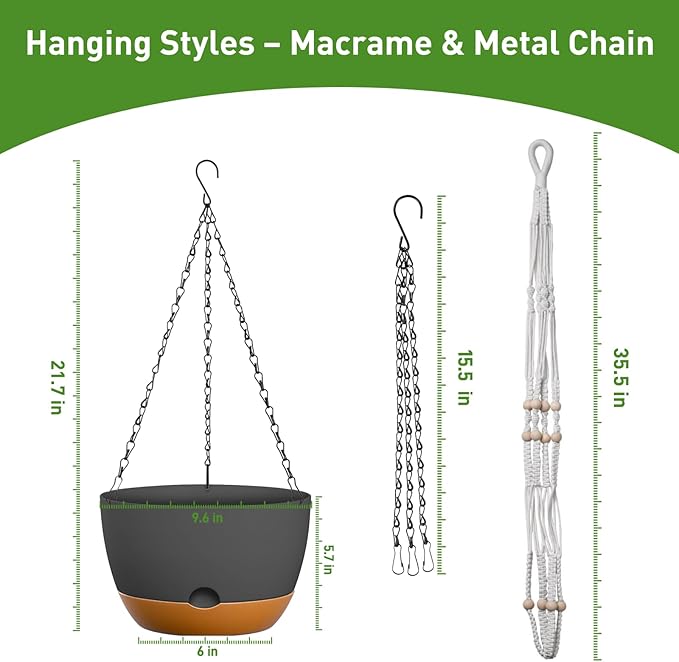 10 Inch Hanging Planters for Indoor & Outdoor Use (2 Pack) - Self-Watering & Drainage Flower Pots with Chain & Macrame Hangers (Deep Gray, 10 in)-BloomoryGarden