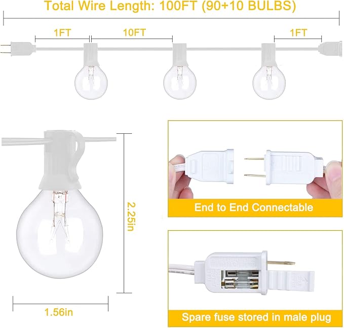 100Ft G40 Outdoor String Lights Patio Lights with 100 Edison Globe Bulbs, Connectable Outdoor String Lights Waterproof UL Listed for Indoor Porch Party Wedding Deck Balcony Wedding Party Decor- White-BloomoryGarden
