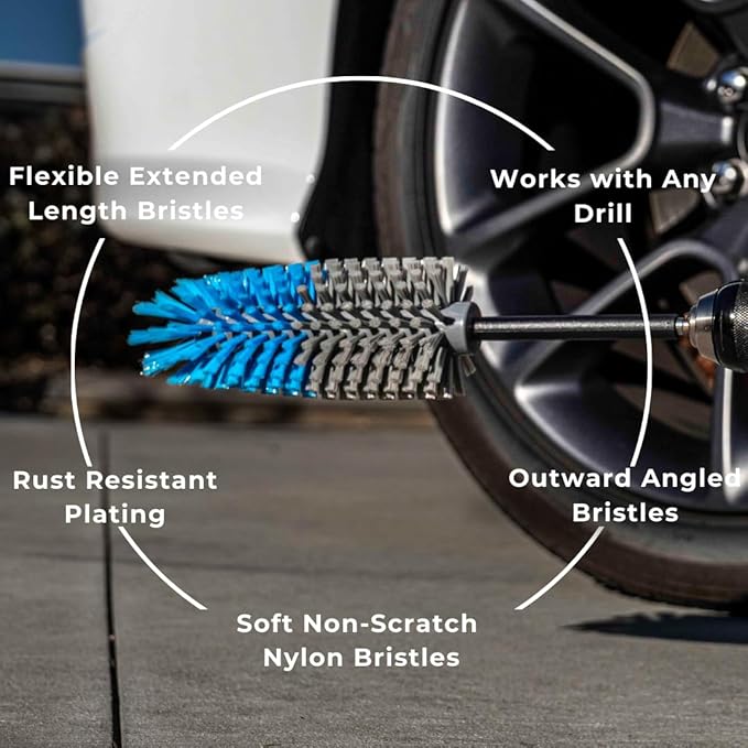 Long Reach Drill Brush Attachment, All Purpose for Car Tires, Wheels, Wheel Wells, Engine Bays, Exhaust Pipes, Running Boards, Hard to Reach Areas, with Heavy Duty Non-Scratch Nylon Bristles-BloomoryGarden