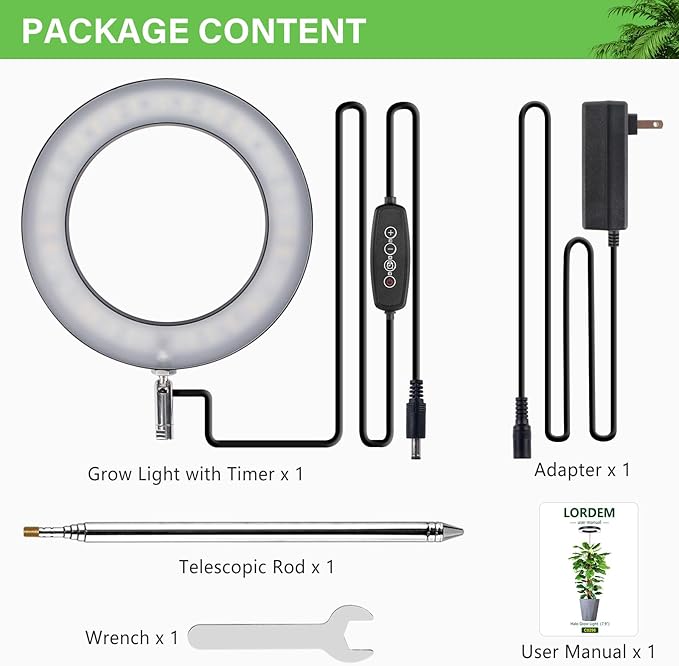 LORDEM Grow Light for Indoor Plants, 7.9" Full Spectrum LED Plant Grow Light, Height Adjustable Growing Lamp with Auto Timer 4H/8H/12H, 6 Dimmable Levels, Black, 1 Pack-BloomoryGarden