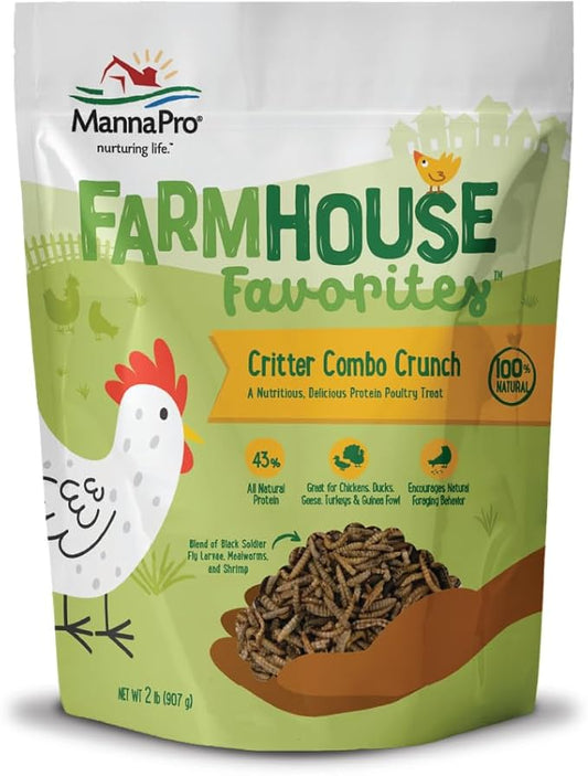 Manna Pro Farmhouse Favorites Critter Combo Crunch Poultry Treat - Protein Poultry Treat - Encourages Natural Foraging Behavior - 100% Natural Blend of Soldier Fly Larvae, Mealworms & Shrimp - 2lb Bag-BloomoryGarden