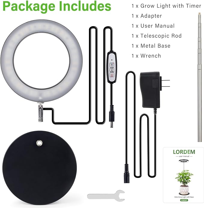 LORDEM Grow Light, LED Plant Light for Indoor Plants Growing, Full Spectrum Desk Growth Lamp with Automatic Timer for 4H/8H/12H, 4 Dimmable Levels, Height Adjustable 9.8"-30.6", Black-BloomoryGarden