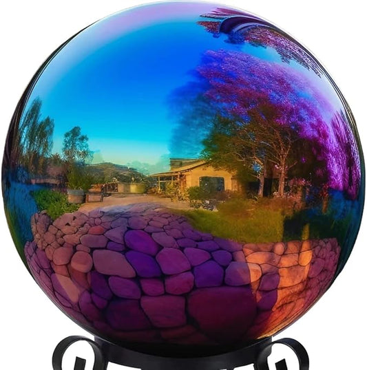10 Inch Stainless Steel Gazing Globe,v2croft Hollow Ball Mirrored Surface Polished Shiny Sphere,Garden Stainless Steel Gazing Ball for Outdoor Lawn Pond Yard Ornament(rainbow)-BloomoryGarden