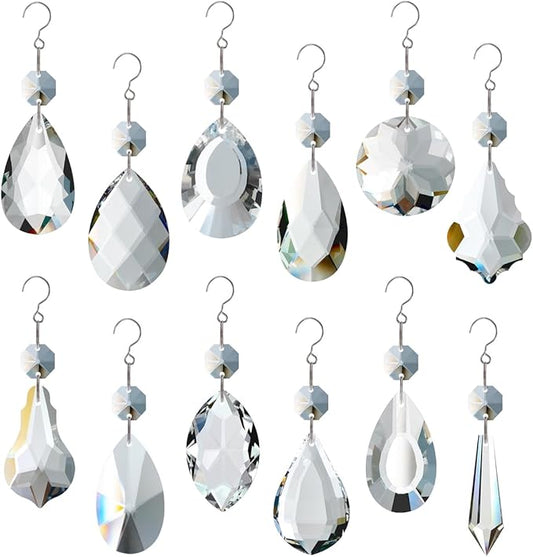 12pcs Glass Crystal Chandelier Prisms, Rainbow Hanging Crystals Suncatcher for Windows, Home Decoration-BloomoryGarden