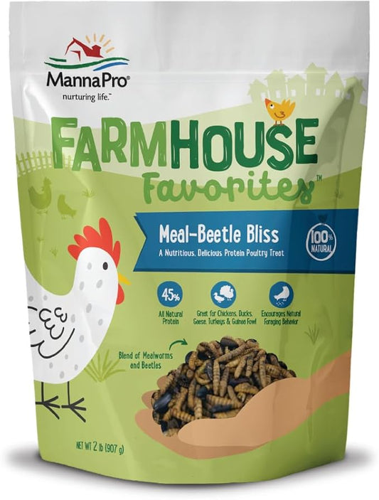 Manna Pro Farmhouse Favorites Beetle Bliss Poultry Treat – Blend of Mealworms and Beetles – All Natural Treat for Chickens, Ducks, Geese, Turkeys, & Guinea Fowl – 45% Protein – 2lb Bag-BloomoryGarden