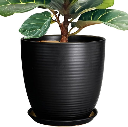 12 Inch Pots for Plants - Ceramic Planter Pot, Large Flower Pot with Drainage Hole and Saucer for Home Patio Garden Office Indoor Outdoor, Black-BloomoryGarden