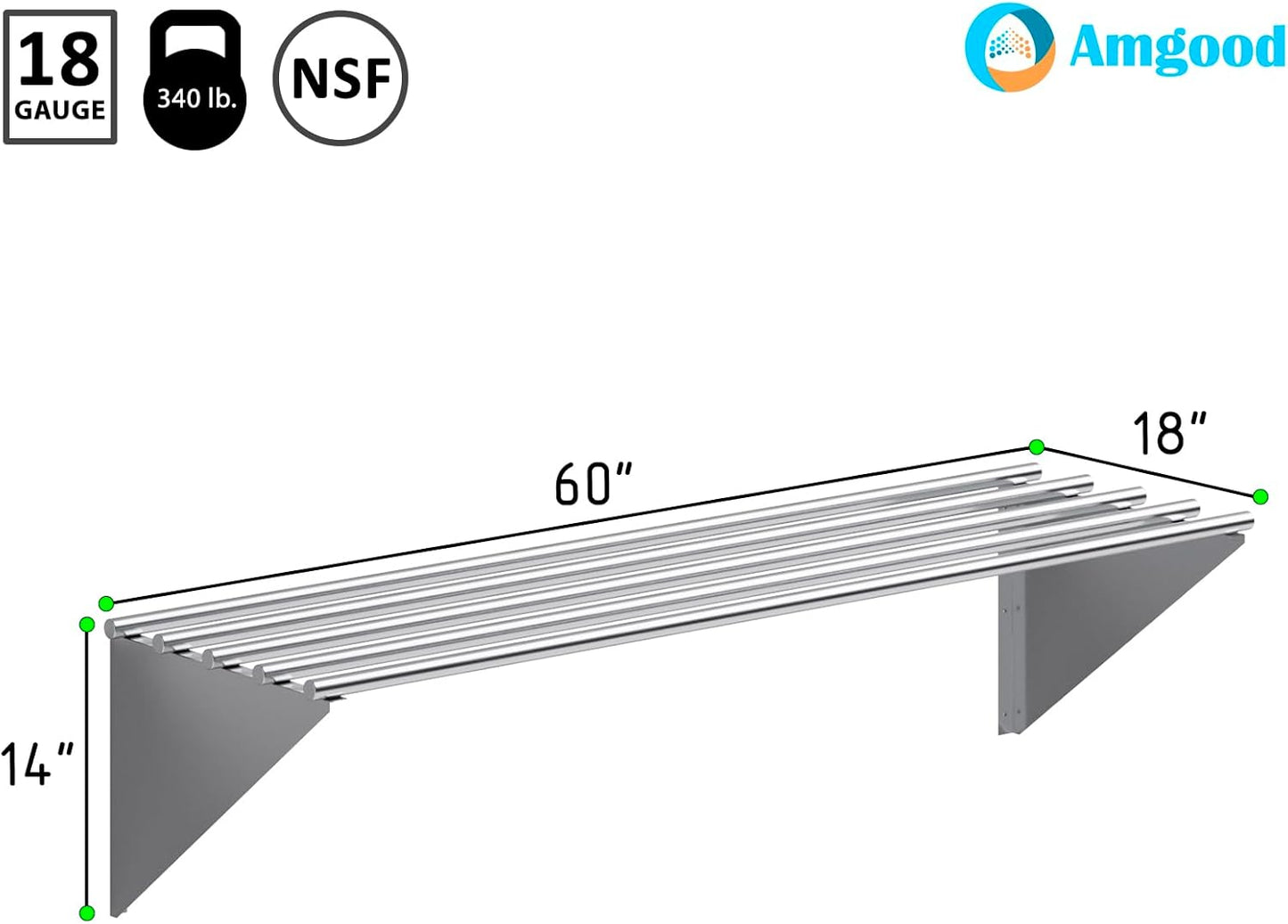 AmGood 18 in. x 60 in. NSF Stainless Steel Tubular Wall Shelf | Heavy-Duty Metal Shelving for Appliances & Equipment | Ideal for Kitchen, Restaurant, Garage, Laundry, Utility Room-BloomoryGarden