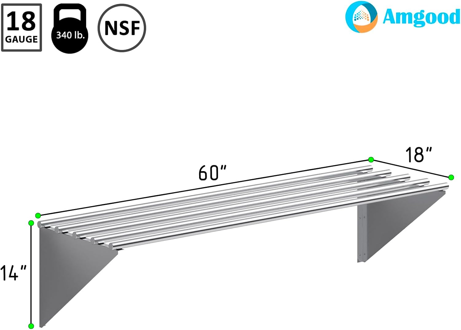 AmGood 18 in. x 60 in. NSF Stainless Steel Tubular Wall Shelf | Heavy-Duty Metal Shelving for Appliances & Equipment | Ideal for Kitchen, Restaurant, Garage, Laundry, Utility Room-BloomoryGarden