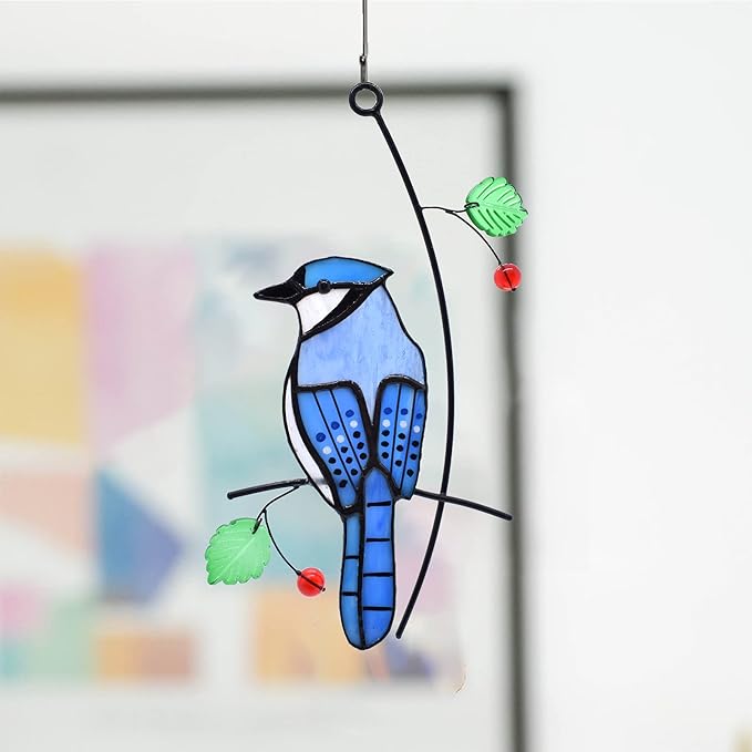 Lolitarcrafts Blue Jay Modern Stained Glass Window Hangings Blue Birds Suncathers for Window-BloomoryGarden