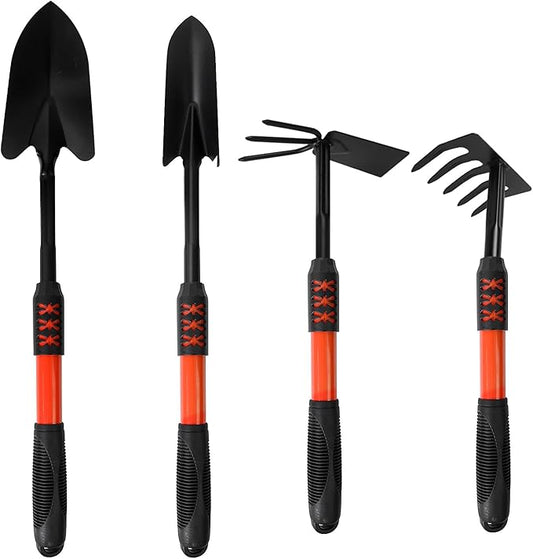 Luwint Gardening Tools Kit, Pack of 4 Garden Tool Set with Non-Slip Handle, Sturdy Classic Utility Tool Heavy Duty Steel Garden Tools with Long Ergonomic Handle for Maintaining Lawn Garden Vege-BloomoryGarden