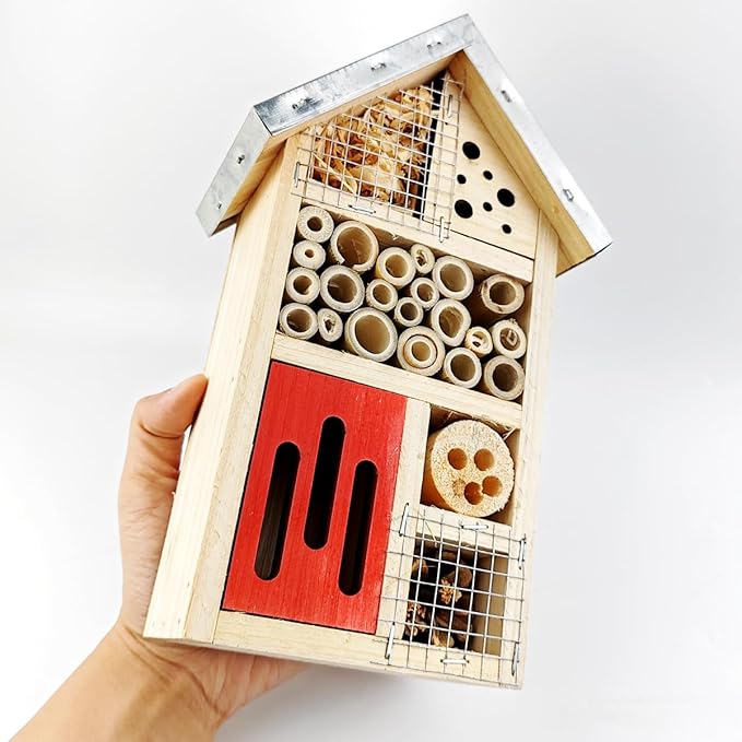 TIHOOD Natural Wooden Hanging Bee House for Gardens Natural Wooden Butterfly Hotel for Bee, Butterfly, Ladybirds, Habitat, Bee Hotel Garden-BloomoryGarden