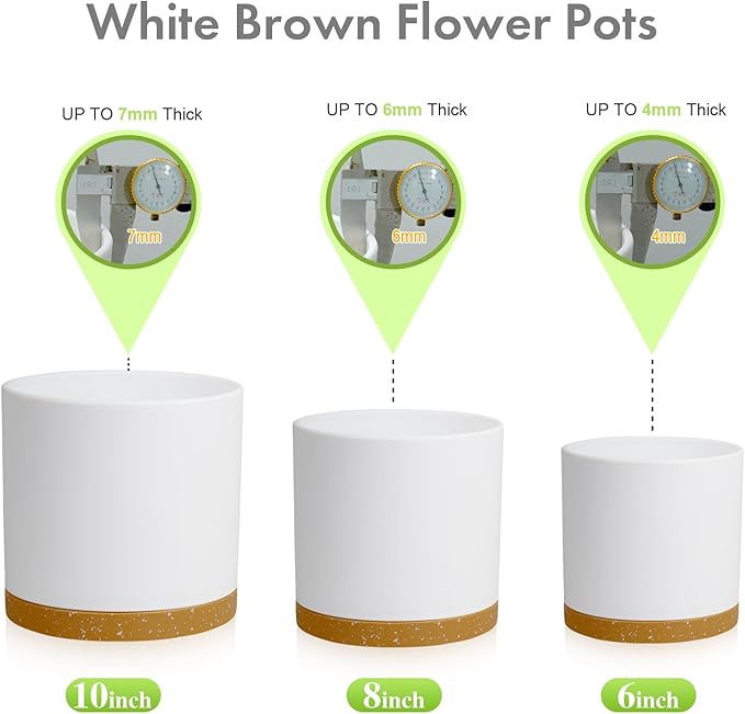 10/8/6 inch Deep Plant Pots, 3 Pack Cylindrical Large Flower Pots for Outdoor Indoor Plants, Tall Plastic Planters with Drainage Holes and Saucers for Garden House Plants, White with Brown-BloomoryGarden