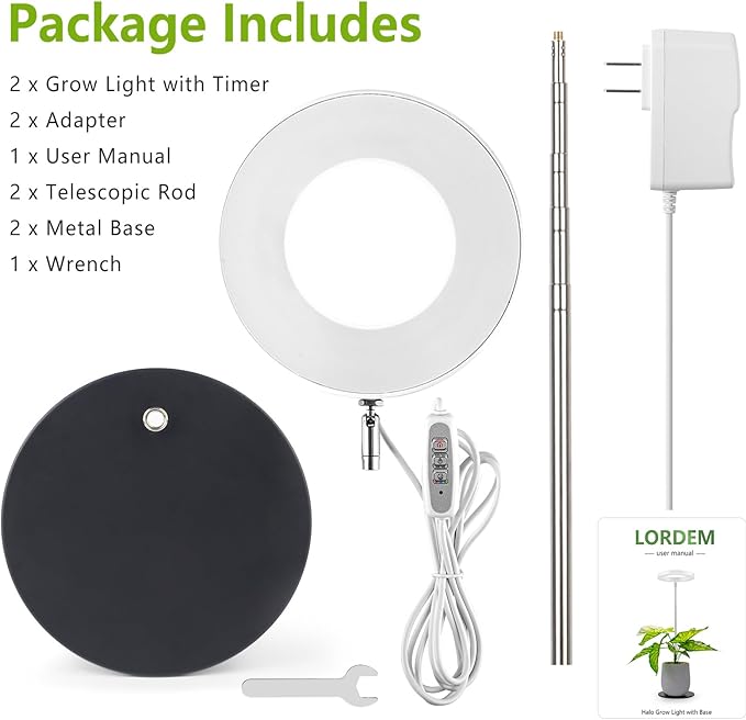 LORDEM Grow Light, LED Plant Light for Indoor Plants Growing, Full Spectrum Desk Growth Lamp with Automatic Timer for 4H/8H/12H, 4 Dimmable Levels, Height Adjustable 9.8"-30.6", Pack of 2-BloomoryGarden