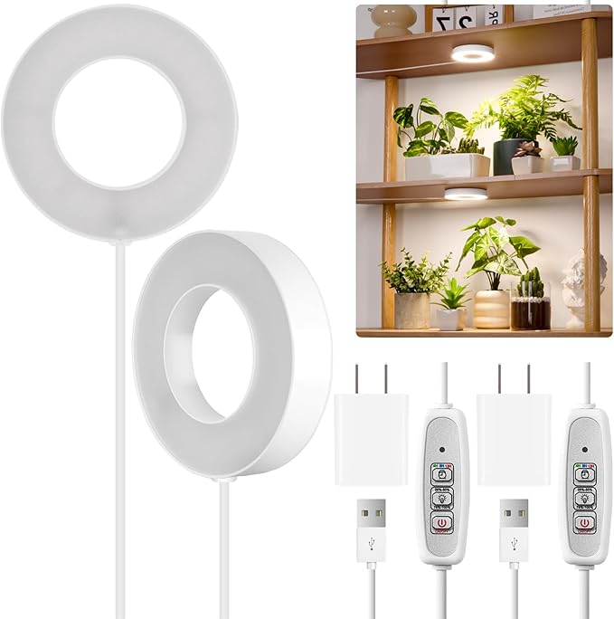 LORDEM Grow Light for Indoor Plants, 48 LEDs Ceiling Full Spectrum Plant Light, 5V Corded Growing Lamp with 4/8/12H Auto Switch, 4 Dimmable Brightness Levels, Single-Head, 2 Pack-BloomoryGarden