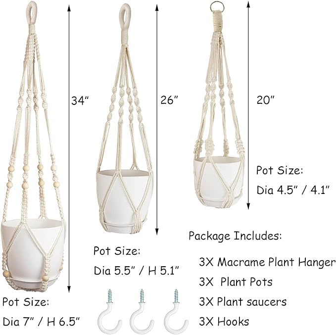 Macrame Plant Hangers with Pots and Saucers, 3 Pack Hanging Planters for Indoor Plants Hanging Plant Holders with Hooks 34" / 26" / 20"-BloomoryGarden