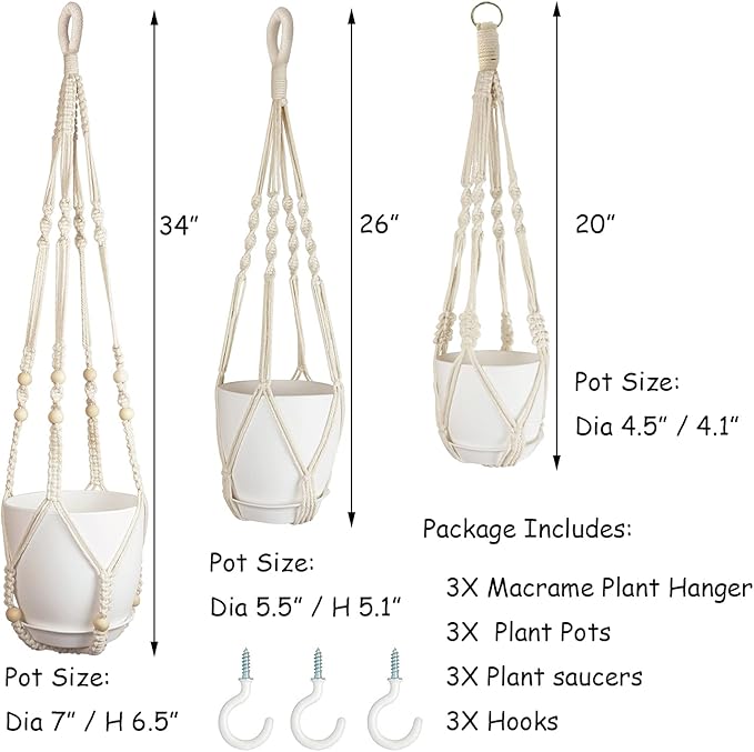 Macrame Plant Hangers with Pots and Saucers, 3 Pack Hanging Planters for Indoor Plants Hanging Plant Holders with Hooks 34" / 26" / 20"-BloomoryGarden