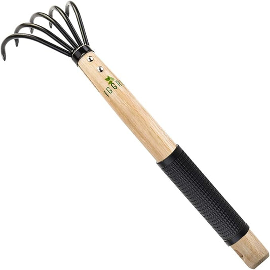 15inch Wood Hand Japanese Claw Rake NonSlip Rubber Handle, Military Grade Steel 5 Tine Cultivator Gardener for Pulverized and Aerated Soil-BloomoryGarden