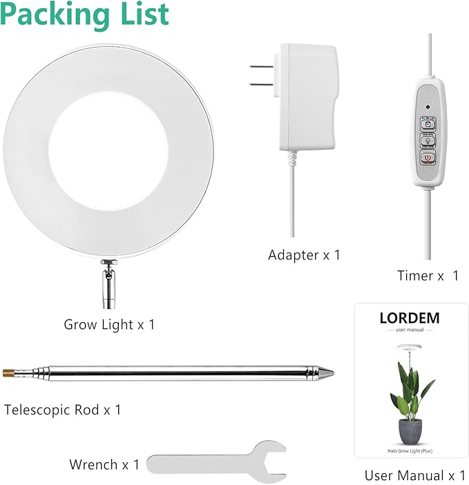 LORDEM Full Spectrum LED Grow Light, 72 LEDs, 4 Brightness Settings, Auto On/Off Timer, Height Adjustable, Ideal for Indoor Plants-BloomoryGarden