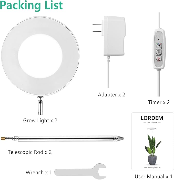 LORDEM Full Spectrum LED Grow Lights, Brightness Adjustable Plant Lamps with Auto On/Off Timer, Height Adjustable Growing Lights for Indoor Plants, Pack of 2-BloomoryGarden