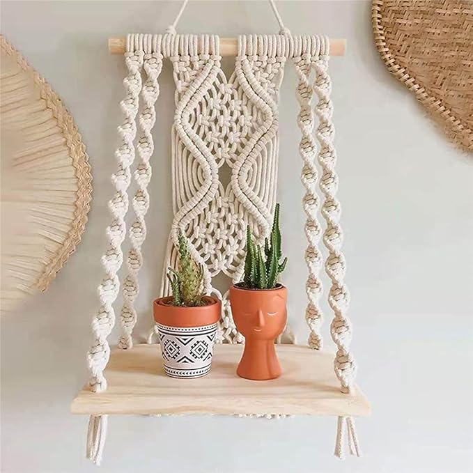 Macrame Wall Hanging Plant Decor Shelf Indoor Outdoor Floating Wood shelve Decorative Hand Made Rope Boho Shelving for Plants-BloomoryGarden